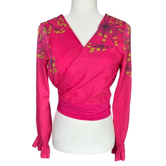 Anthropologie Roopa Pemmaraju India Floral Wrap Top READ Large Cotton Pink Boho - Picture 1 of 9